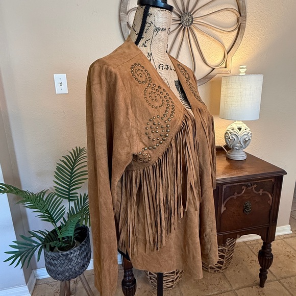 Vocal Camel Brown Western Faux Suede Fringe & Stud Jacket - Picture 6 of 10